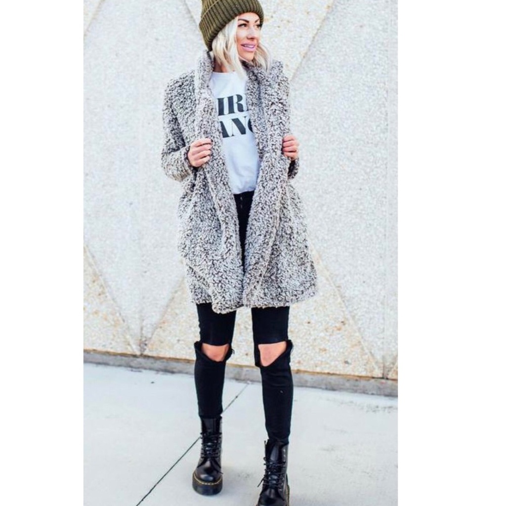 Women's Fleece Open Sherpa Coat With Pockets - Picture 2 of 8